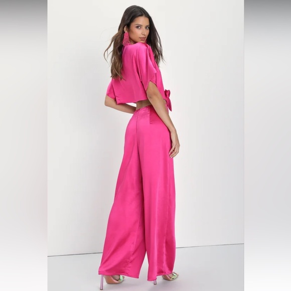 Lulu’s Flirt For Fun Fuchsia Tie-Front Two-Piece Wide-Leg Jumpsuit Sz: S - Picture 3 of 12